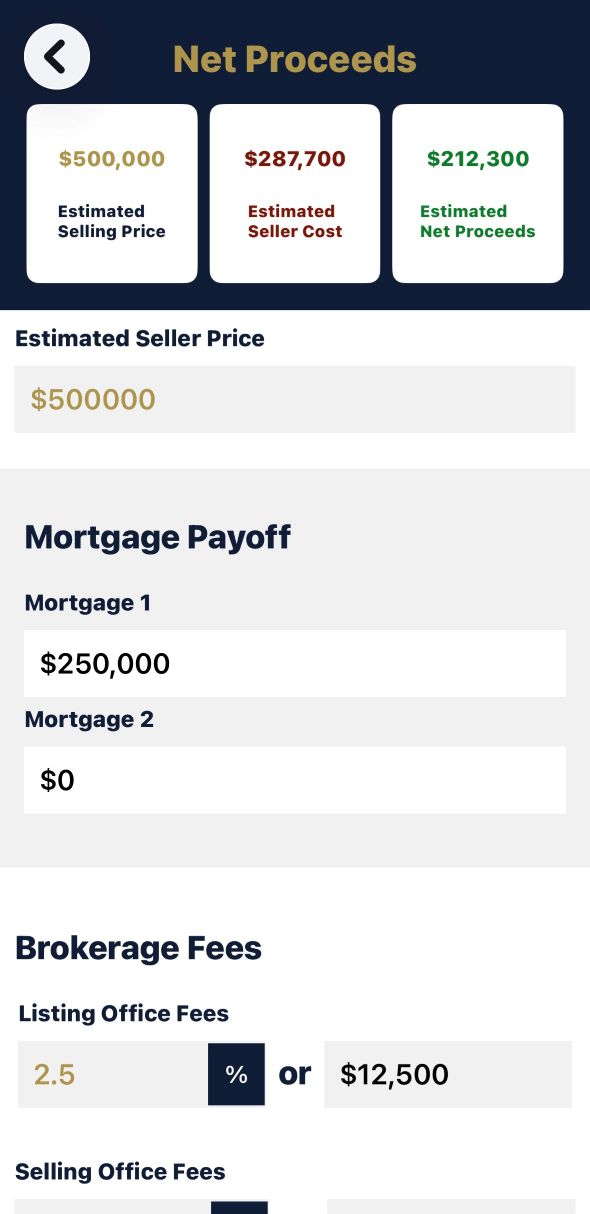 Home Sale Proceeds Calculator showing estimated selling expenses and potential net proceeds