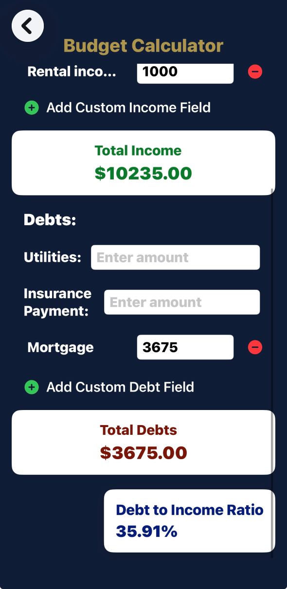 Military home-buying Budget Calculator showing income, monthly debts and debt-to-income planning