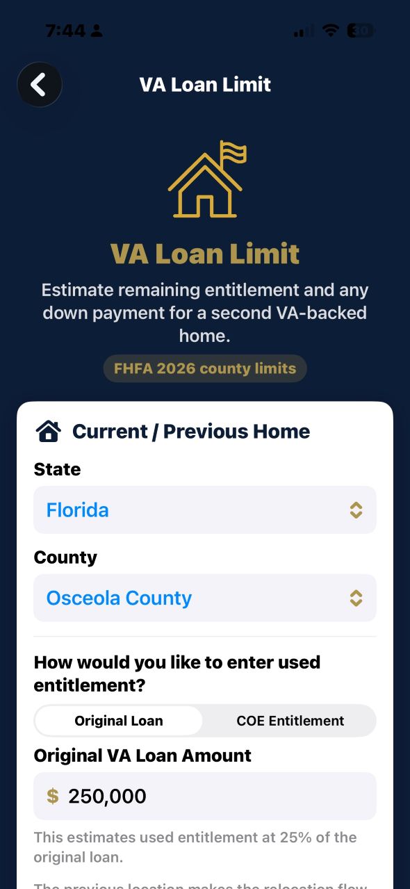 VA Loan Limit and Remaining Entitlement Calculator for repeat-use VA borrowers