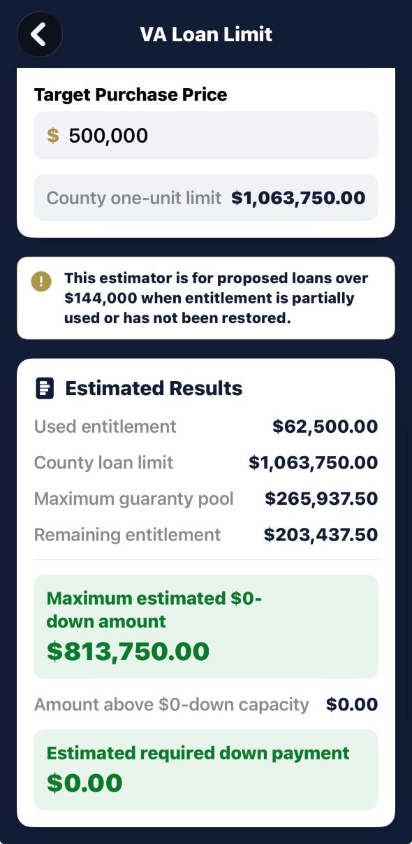A remaining entitlement calculator showing estimated zero-down purchasing power and possible down payment